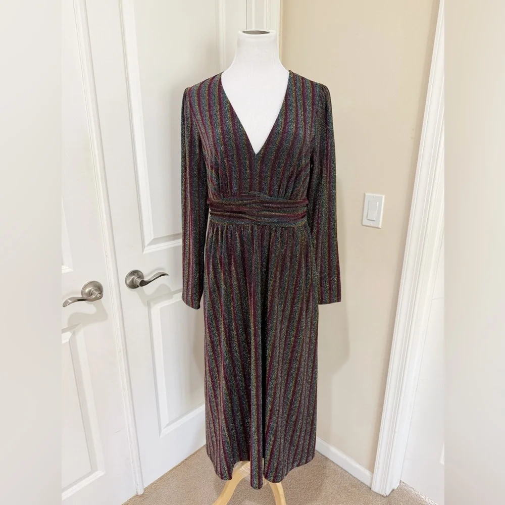 NWT Boden Metallic Burgundy Multi Stripe Long Sleeve Sweater Dress Size 10R - Picture 2 of 9